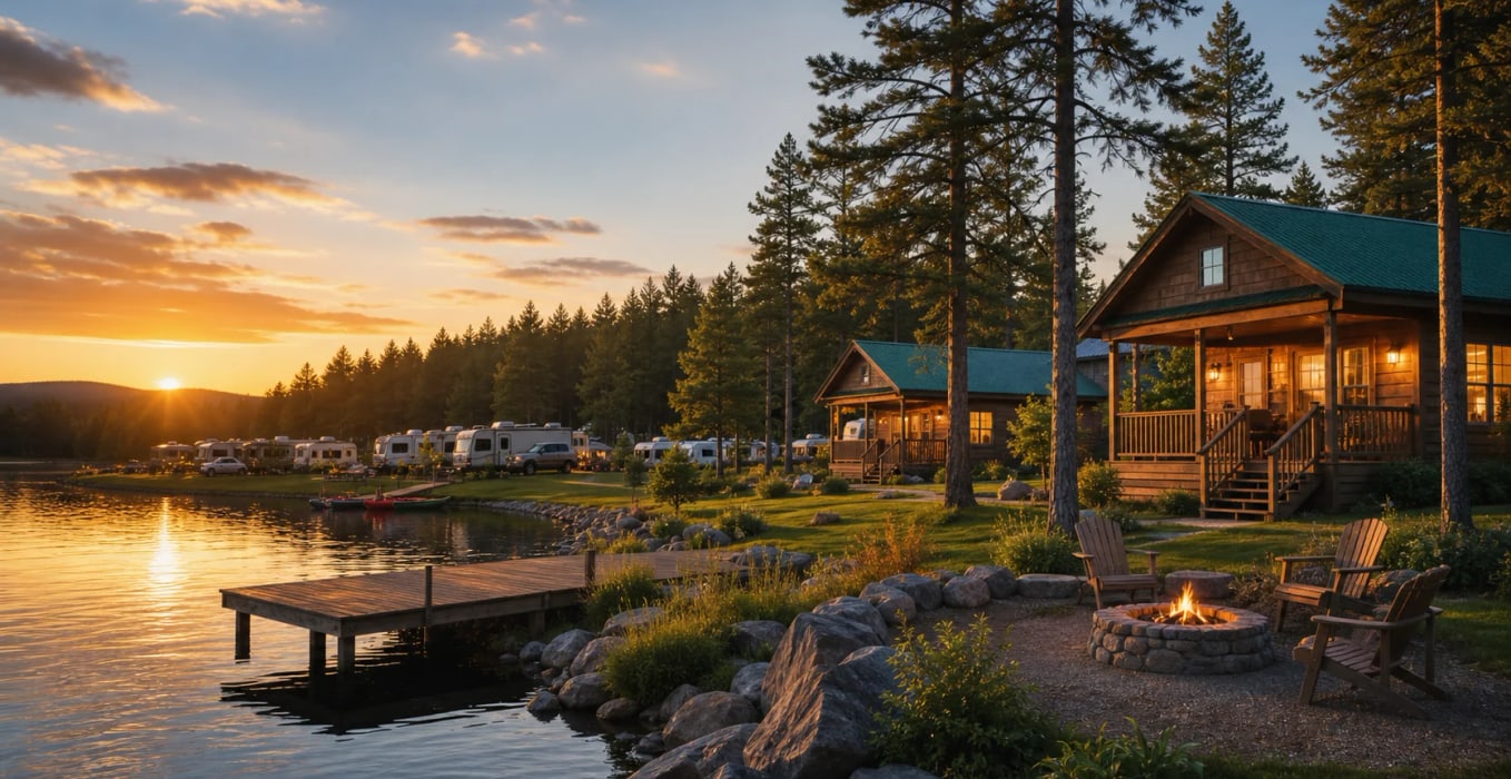 RV campsite surrounded by trees